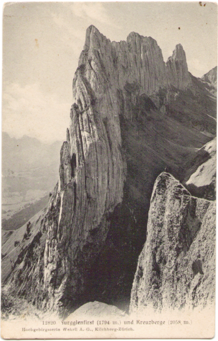 Die Kreuzberge von Nordosten mit dem Furgglenfirst um das Jahr 1900. Fotograf: Gebrüder Wehrli (Arthur Wehrli 1876-1915, Bruno Wehrli 1867-1927, Harry Wehrli 1869-1906), Hochgebirgsserie Nr. 12820.