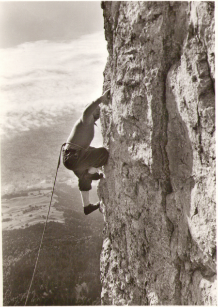 In der Ostwand des "Daumen" am sechsten Kreuzberg um das Jahr 1940. Fotograf: Hans Gross jun., St. Gallen, Nr. 26884