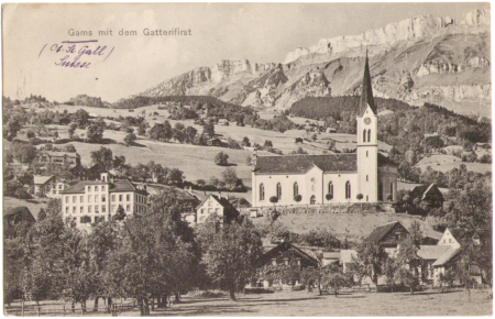 Gams mit dem Gätterifirst im Hintergrund um das Jahr 1910, Aufnahme und Verlag von Christian Tischhauser, Buchs, Nr. 987