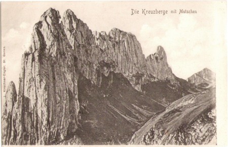 Die Kreuzberge mit dem Mutschen um das Jahr 1900. Aufnahme und Verlag von L. Kirschner-Engler, St. Gallen